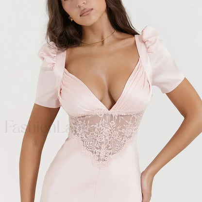 Autumn Long Elegant Pink Maxi V Neck Formal Occasion Puff Sleeve Lace Dress