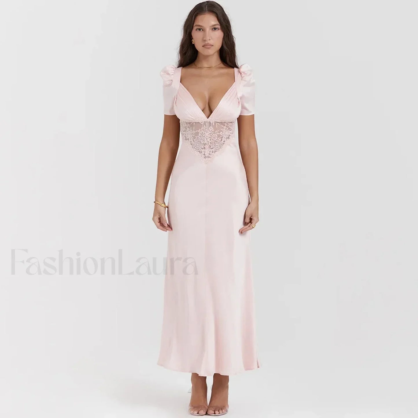 Autumn Long Elegant Pink Maxi V Neck Formal Occasion Puff Sleeve Lace Dress