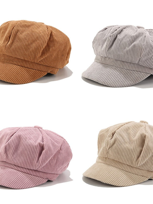 1PCS Solid Color Women Beret Spring Autumn Newsboy Hat Vintage Corduroy Elasticity Peaked Cap Painter Hat for Women