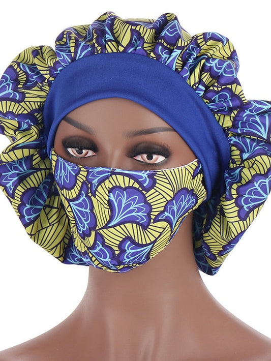 African Pattern Print Satin Bonnet Hijabs Hat Women Night Sleep Cap  with Mask Turban Extra Large Head Wear Lady Head Wrap for Women