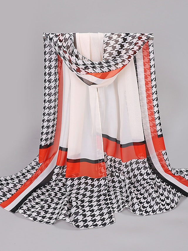 Spring And Summer New Thousand Bird Check Print Chiffon Long Silk Scarf for Women