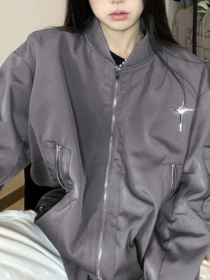 Solid Color Metal Star Decor Bomber Jacket