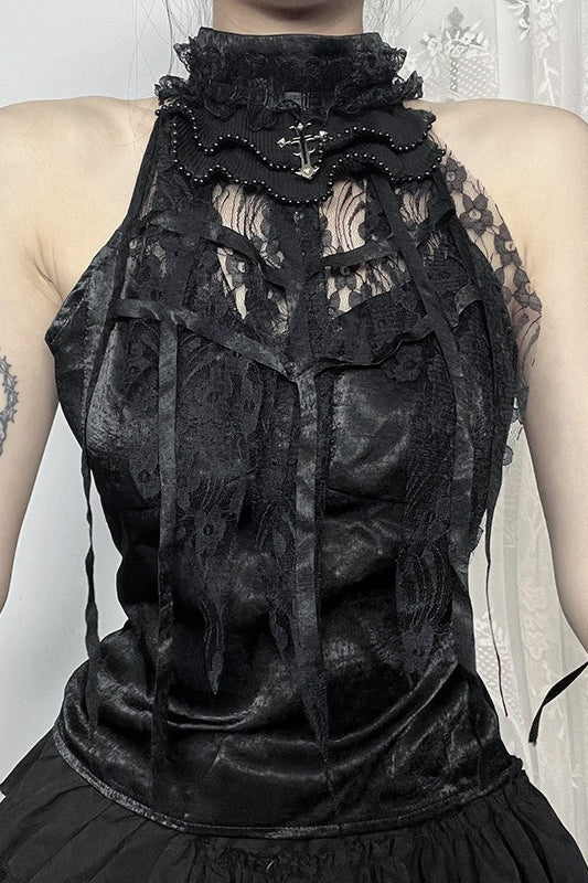 Gothic Ruched Rose Web Bow Tank Top
