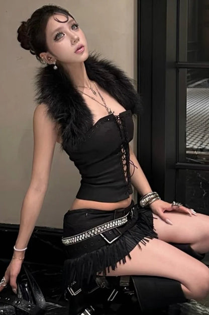 Furry Patchwork Halter Backless Corset