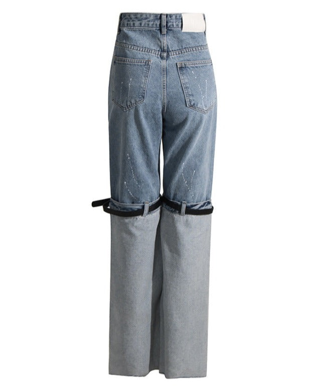 High-Rise Contrast Turn-up Straight-Leg Hybrid Jeans