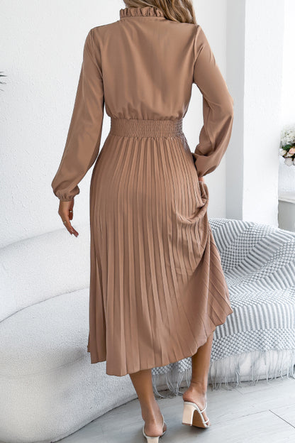Solid Color Long-sleeved Fitted Waist Pleated Elegant Midi Dress