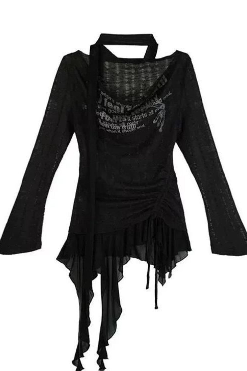 Edgy Y2K Graffiti Print Ruffle Knit Top