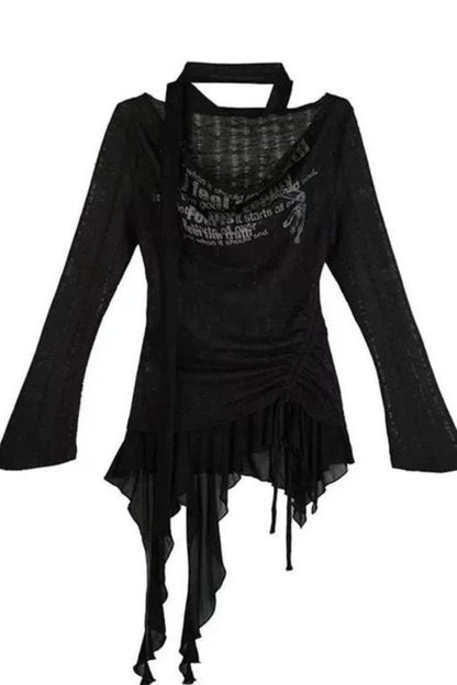 Edgy Y2K Graffiti Print Ruffle Knit Top
