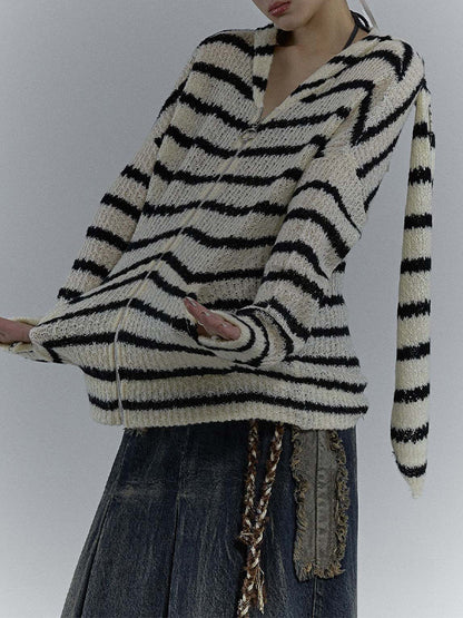 Rabbit Ear Styling Hooded Stripe Cardigan