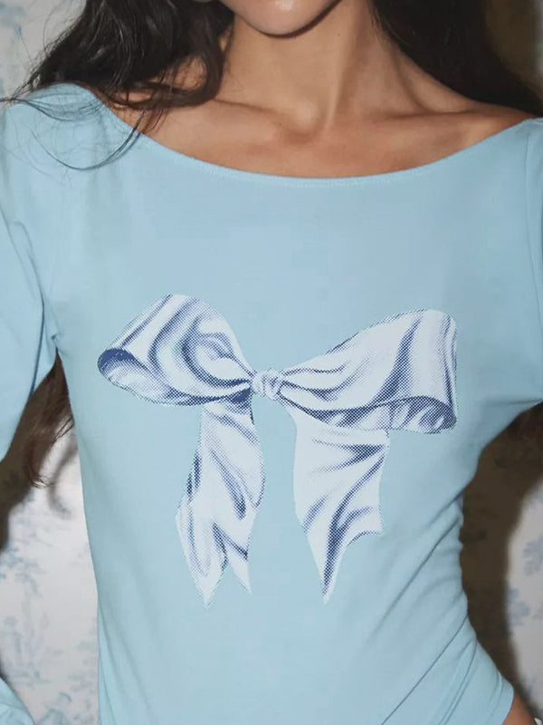 Bow Print Backless Long Sleeve Tee