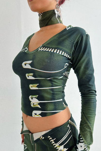 Vintage Metal Lock Print Long Sleeve Top Bodycon Skirt Two Pieces Set
