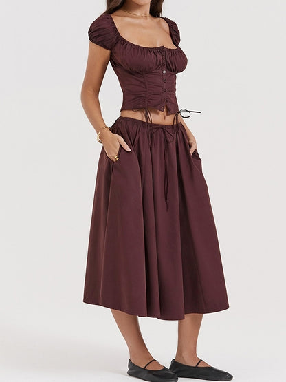 Solid Drawstring Puff Sleeve Cropped Tee & Midi Skirt Set