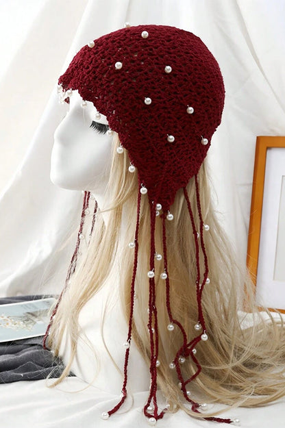 Solid Pearl Embellished Hollow Knit Hat