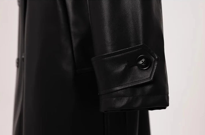 Long Black Soft Leather Long Coat
