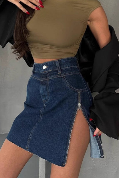 High Waist Asymmetric Denim Mini Skirt
