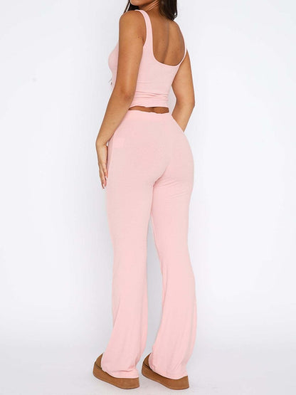 Solid Breasted Tank Top & Lace Up Pants Set