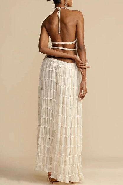 Versatile retro charm pleated drawstring waistline long skirt set
