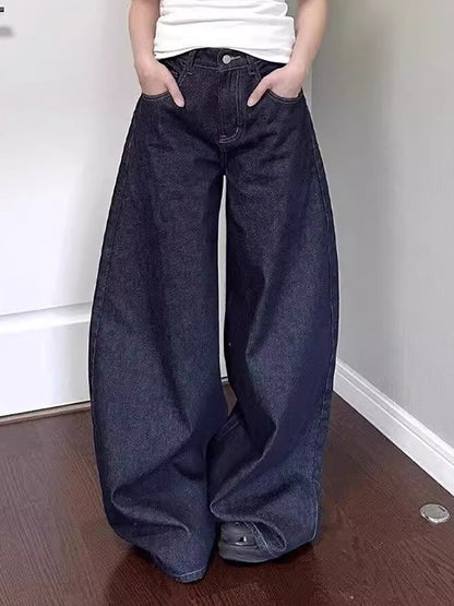Washed baggy high waist straight mopping jeans