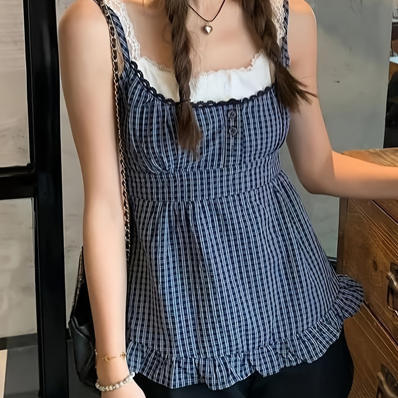 Y2K Checkered Faux Two-Piece Lace Layered Tank Top for Japanese And Korean Style.