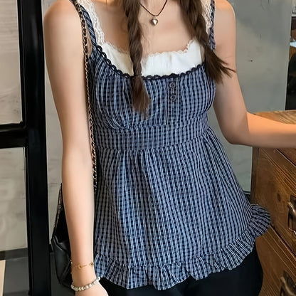 Y2K Checkered Faux Two-Piece Lace Layered Tank Top for Japanese And Korean Style.