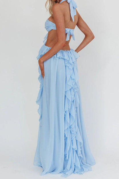 Backless Lace Up Ruffle Strapless Maxi Prom Dress