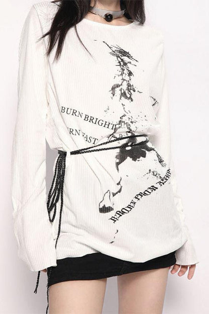 Punk Niche Print Midi-length Slim Crewneck Knit Top