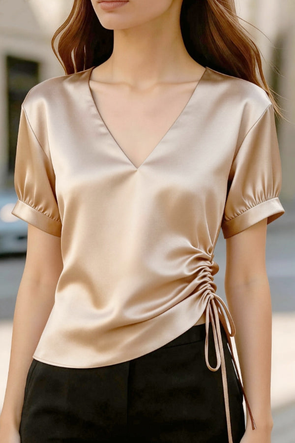 Solid Color Satin V-neck Short-sleeved Side Waist Ruching Casual Top