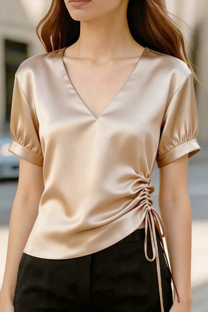 Solid Color Satin V-neck Short-sleeved Side Waist Ruching Casual Top