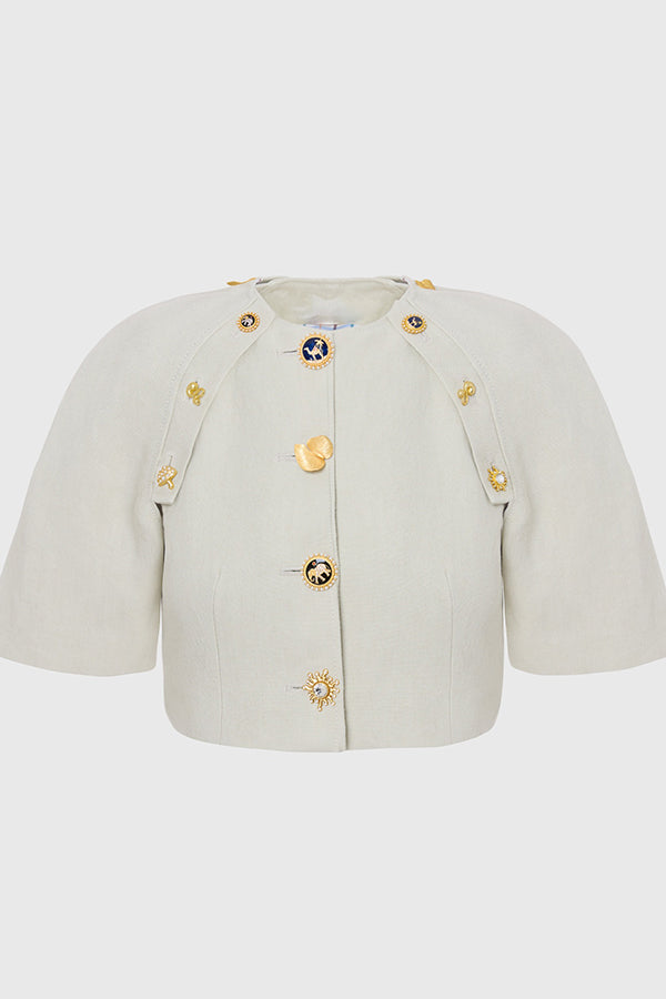 Custom Look Linen Blend Unique Metal Pattern Buttons Slit Half Sleeve Crop Jacket