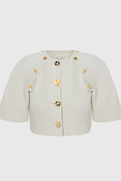 Custom Look Linen Blend Unique Metal Pattern Buttons Slit Half Sleeve Crop Jacket