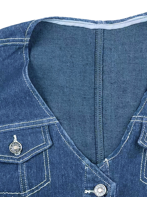 Vintage Denim Breasted V Neck Women Vest