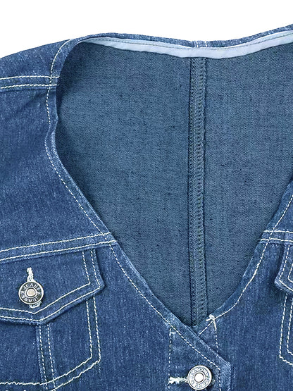 Vintage Denim Breasted V Neck Women Vest