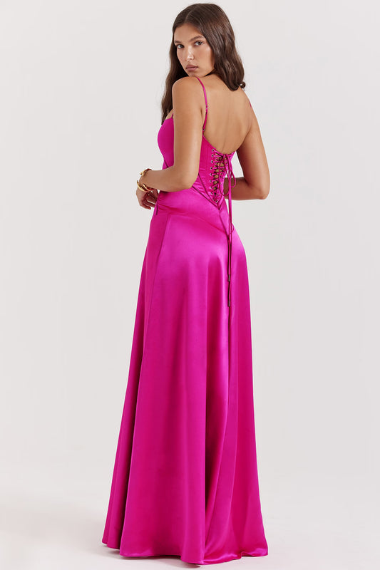 fuchsia lace up maxi dress