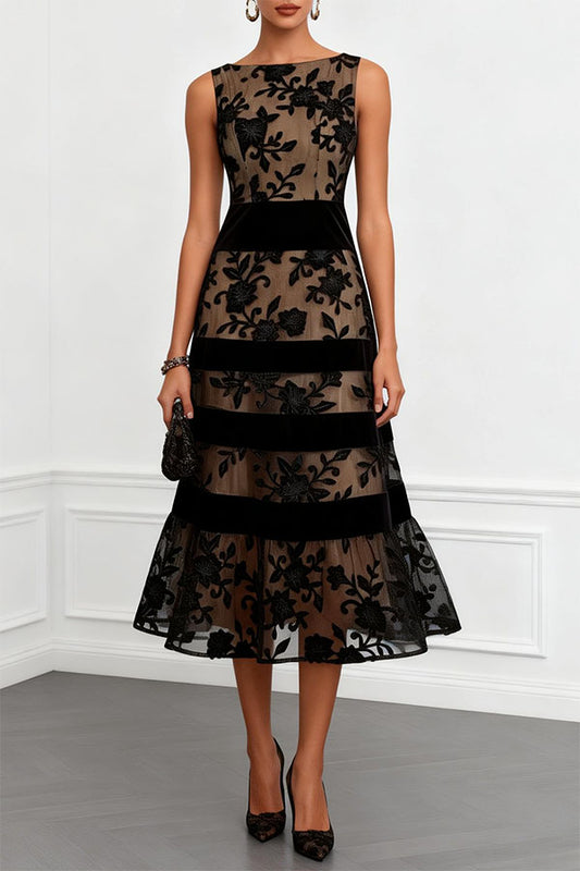 Rosmie Flower Mesh Lace Colorblock Boat Neck Sleeveless A-Line Midi Dress