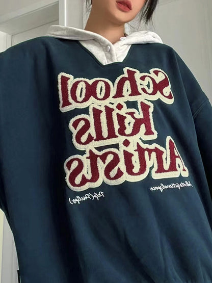 Contrast Color Flocking Letter Embroidery Oversized Hoodie