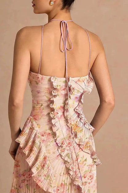 Dream Ode Lily Pad Style Pleats and Ruffles Halter Gown Maxi Dress