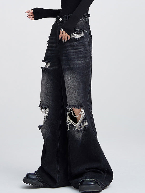 Loose high-waisted versatile straight leg Ripped Jeans