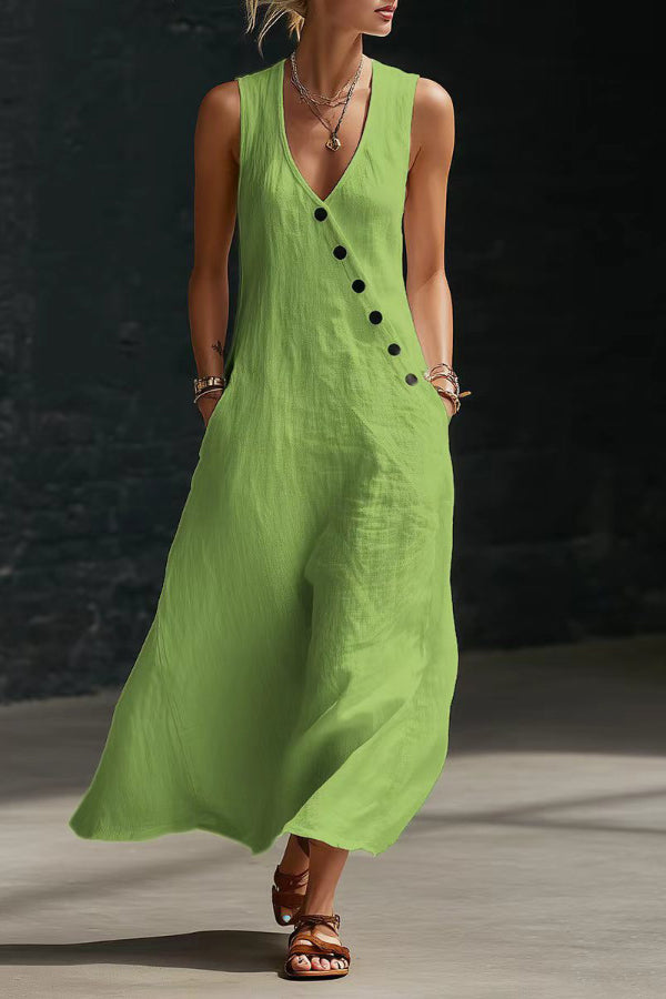 Linen Blend Solid Color V-neck Sleeveless Button-down Casual Pocket Midi Dress