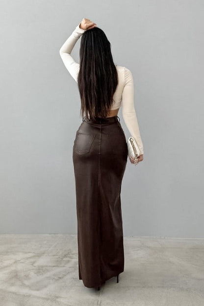 High-Waist Khaki PU Skirt