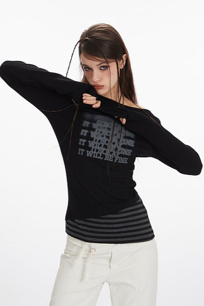 Virtual Patchwork Off Shoulder Asymmetric T-shirt