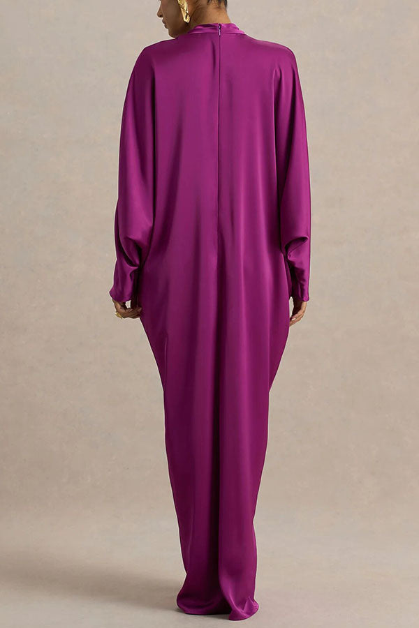 Tina Satin Plunge V-neck Gold Trim Detail Long Batwing Sleeve Maxi Dress