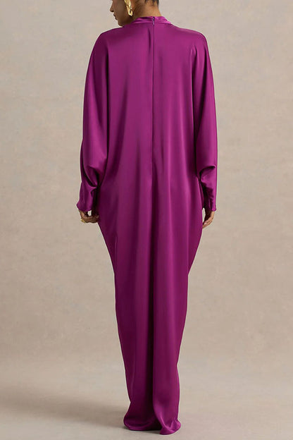Tina Satin Plunge V-neck Gold Trim Detail Long Batwing Sleeve Maxi Dress