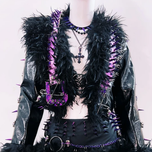 Fluffy long sleeve rivet applique o ring top  | Festival Outfits Women