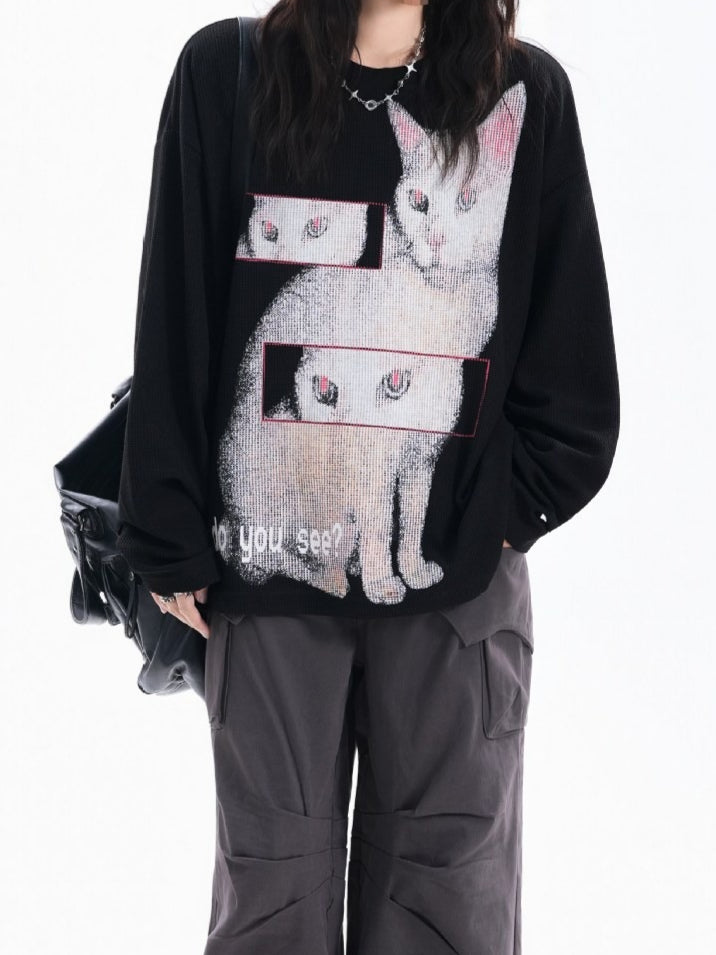 Y2K Goth Cat Print Oversized Knit Top