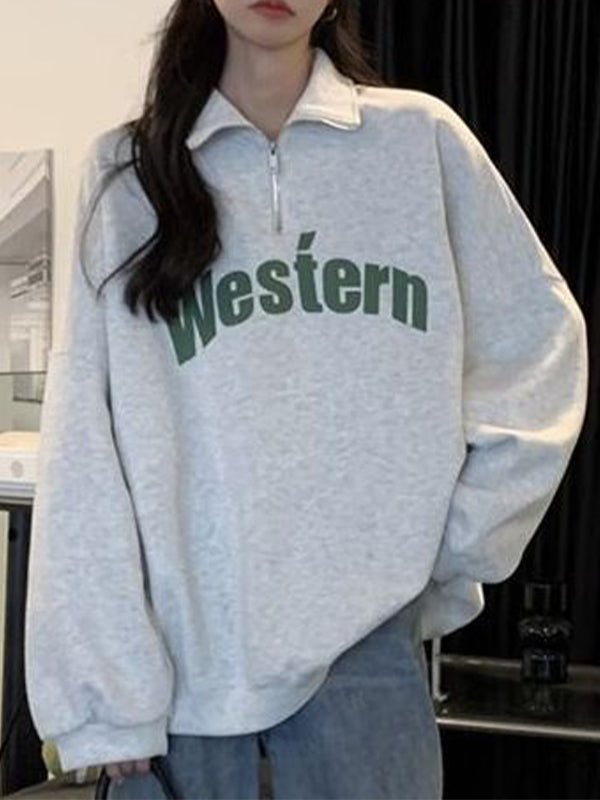 Vintage Letter Print Half Zip Sweatshirt