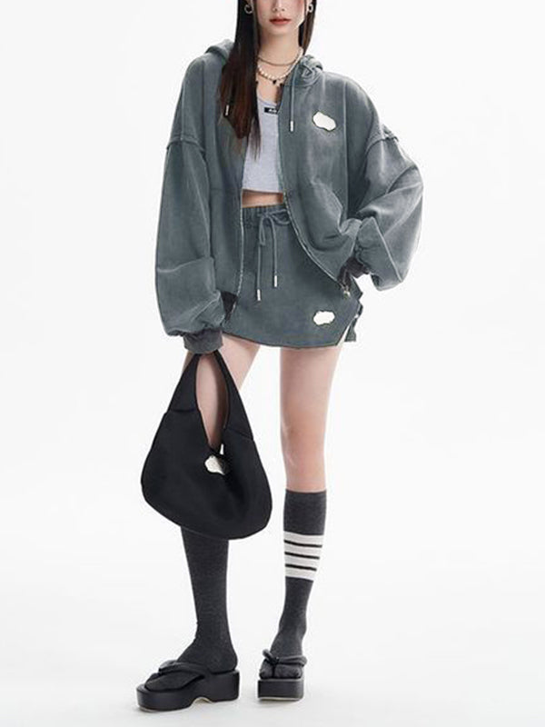 Distressed Washed Double Zip Hoodie & Frayed Hem Skirt Set