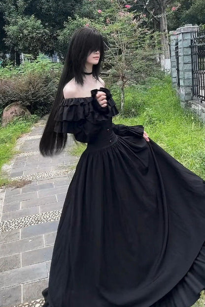 Off Shoulder Gothic Ruffle Hem Maxi Dress