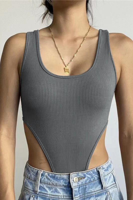 Sexy Slim U Neck High Slit Tank Bodysuit