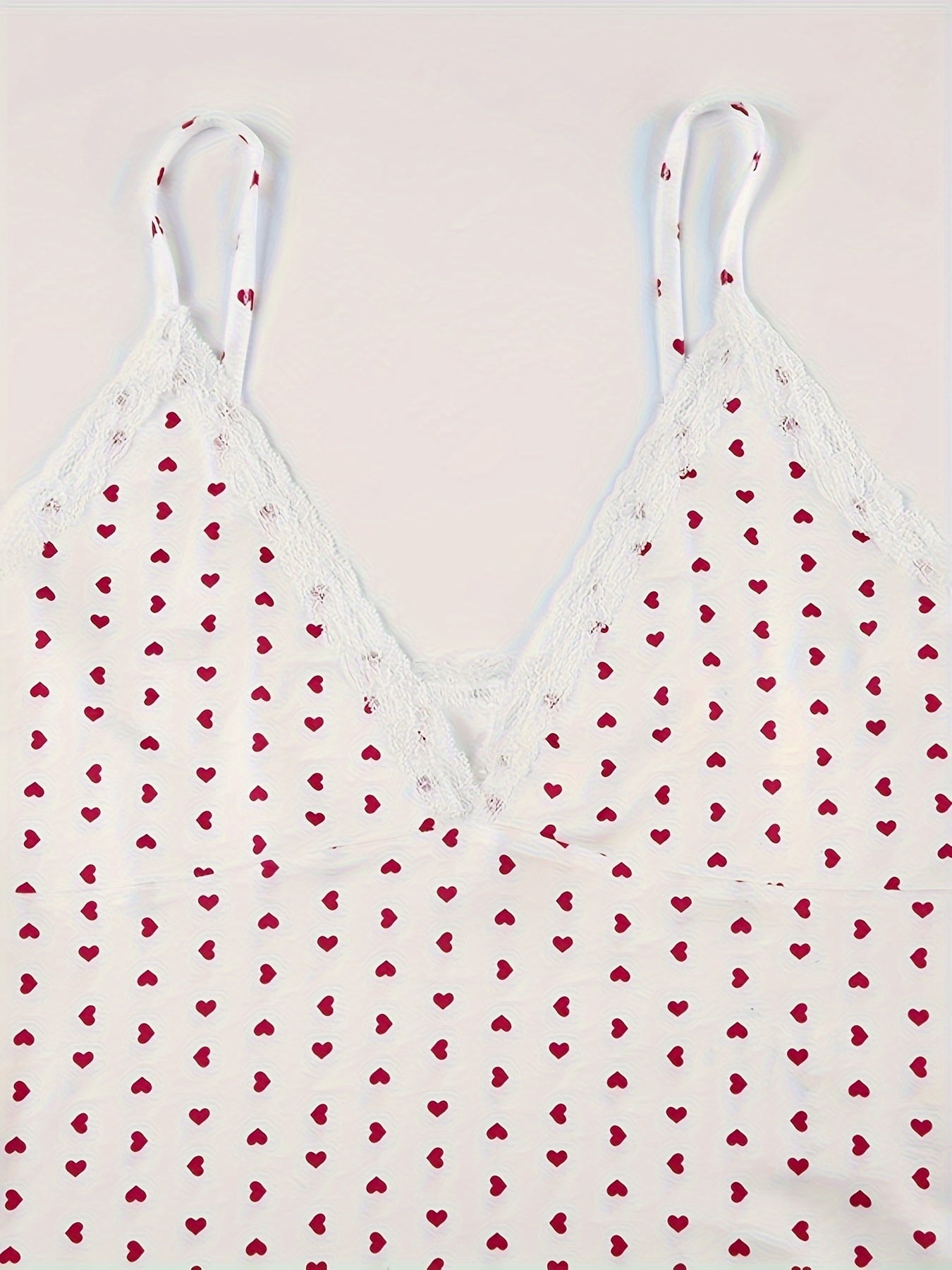 Y2K Aesthetic V-Neck Camisole with Contrast Lace Detail, Geometric Heart Pattern, Knit Fabric Slingback Top, 95% Polyester 5% Elastane, 180g/m² Lightweight Fabric