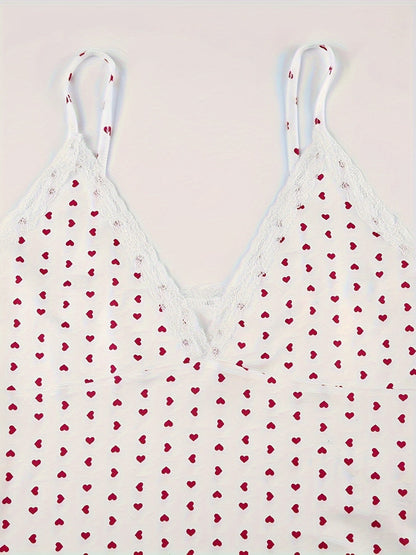 Y2K Aesthetic V-Neck Camisole with Contrast Lace Detail, Geometric Heart Pattern, Knit Fabric Slingback Top, 95% Polyester 5% Elastane, 180g/m² Lightweight Fabric